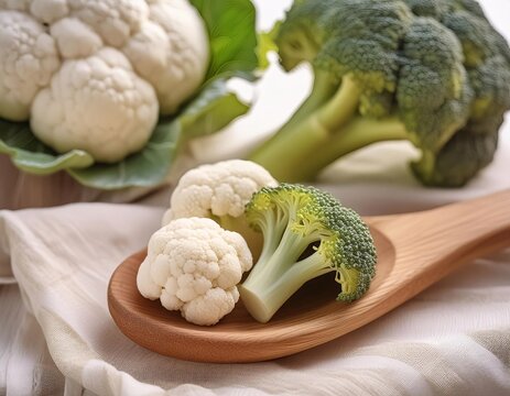 Healthy broccoli vegetables served in tablespoons on a clean and elegant white cloth background.generative ai