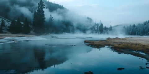 Morning mist at Yellowstone National Park with geothermal features like geysers and hot springs. Concept Yellowstone National Park, Morning Mist, Geothermal Features, Geysers, Hot Springs