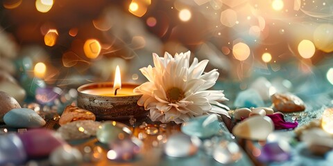 Gemstones candles flowers and crystals for spiritual healing and relaxation practices. Concept Spiritual Healing, Relaxation Practices, Gemstones, Candles, Flowers, Crystals