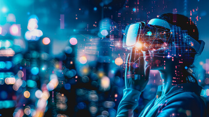 Architect with VR glasses creating 3D holographic building model