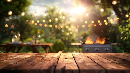 Summer backyard bbq party with grill, wooden table, and blurred garden background