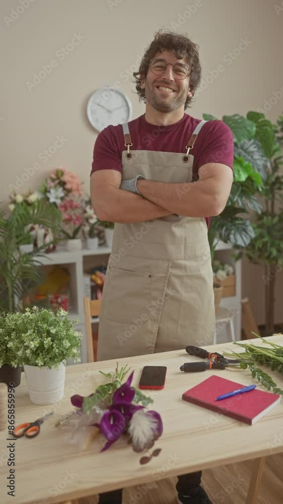 Sticker a cheerful young man with beard wearing an apron stands in a flower shop with arms crossed.