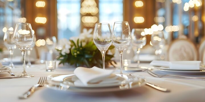 Elegant gala dinner in a grand hall. Concept Gala Dinner, Grand Hall, Elegant Setting, Fine Dining, Formal Attire