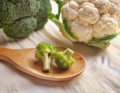 Healthy broccoli vegetables served in tablespoons on a clean and elegant white cloth background.generative ai