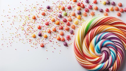 Fototapeta premium Swirl lollipop with colorful candies scattering in high-speed motion