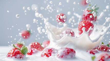 Fototapeta premium Strawberries splashing into milk with droplets and motion blur