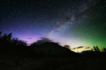 Fantastic starry sky with the Milky Way against the backdrop of the Canadian Rockies