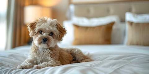 Cute Maltipoo puppy lounging in petfriendly hotel room luxury pet travel. Concept Pet-friendly hotels, Luxury pet travel, Maltipoo puppy, Cute pets, Relaxing accommodations
