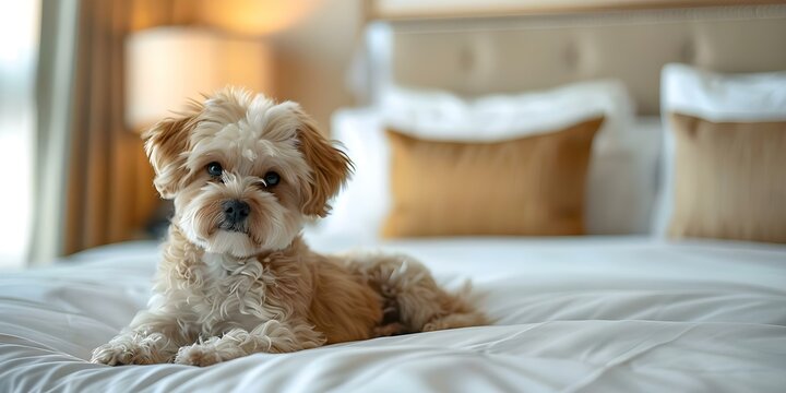 Cute Maltipoo puppy lounging in petfriendly hotel room luxury pet travel. Concept Pet-friendly hotels, Luxury pet travel, Maltipoo puppy, Cute pets, Relaxing accommodations