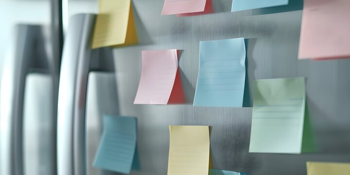 Photo of sticky notes on refrigerator door for organization and reminders. Concept Organization, Home Decor, Productivity, Sticky Notes, Reminder - Powered by Adobe