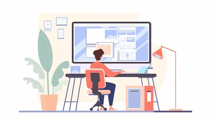 A freelancer uses a laptop to create a landing page for web customer support.