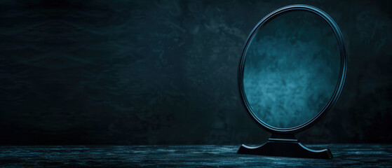 A mirror is sitting on a table in a dark room