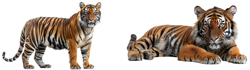 Obraz premium Two majestic tigers, one standing and one lying down, showing their beautiful stripes and powerful presence in a natural setting.