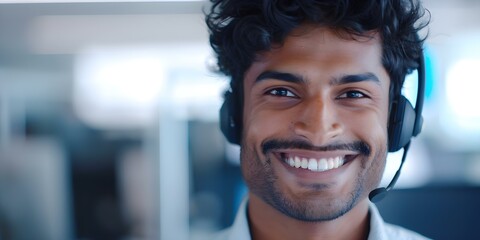 Male Indian call center representative assisting customer via microphone both smiling. Concept Customer Service, Call Center, India, Smiling, Microphone