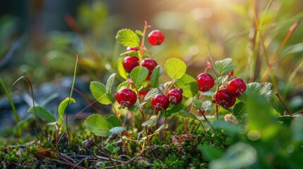 Obraz premium Macro photograph of ripe wild berries like lingonberries partridgeberries or cowberries in the forest during the summer season