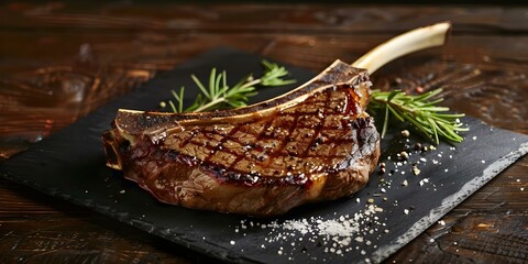 Grilled black angus tomahawk steak on slate board over dark wooden table. Concept Food Photography, Grilled Steak, Food Styling, Gourmet Cuisine, Culinary Art