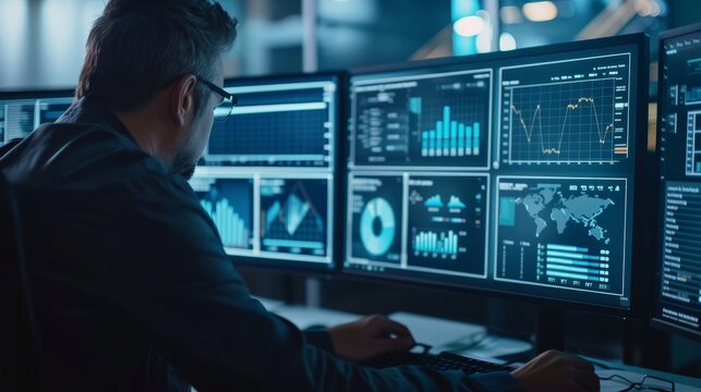 Digital tech analyst managing database, displaying dashboard for business analytics