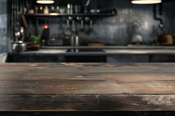 empty table top with industrial kitchen