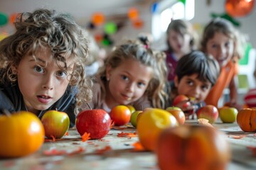 Fototapeta premium Young Children Focused on Apples During a Classroom Activity