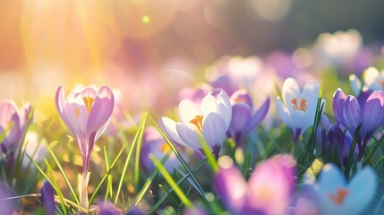 Beautiful meadow of crocus flowers close up, summer time on a sunny day, soft focus background,...