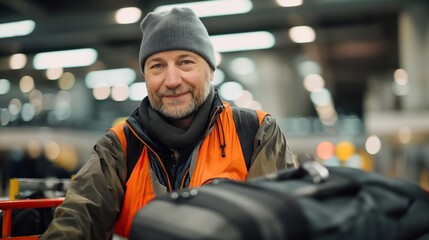 An airport baggage handler sorts passenger luggage in the airport - airport ground service