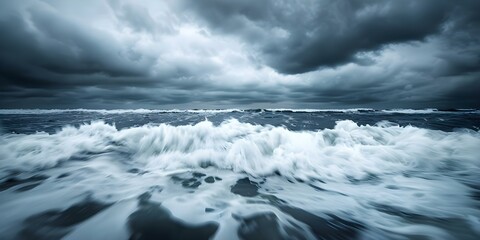 Obraz premium Capturing turbulent waters and dramatic clouds on a stormy evening with long exposure. Concept Storm Photography, Long Exposure, Turbulent Waters, Dramatic Clouds, Stormy Evening