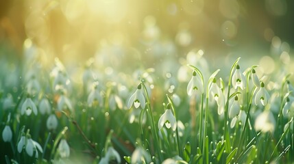 Beautiful meadow of snowdrop flowers close up
