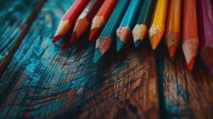 Obraz premium Color pencils displayed on a wooden surface