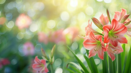 Beautiful meadow of amaryllis flowers close up, summer time on a sunny day, soft focus background, whimsical and Idyllic nature