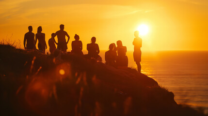 Fototapeta premium Sunset Gathering - A group of friends of different body types gathered to watch the sunset, body positive, summer, hd, peaceful with copy space