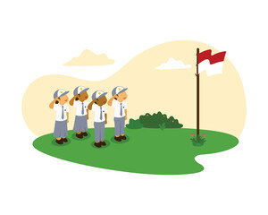illustration of students attending the Indonesian independence ceremony on August 17