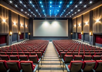Empty theater seats stretch towards the horizon, awaiting an audience, as a massive screen dominates the stage, promising an immersive cinematic experience.