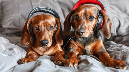 Two adorable dachshunds cuddle on bed with headphones listening to audio content