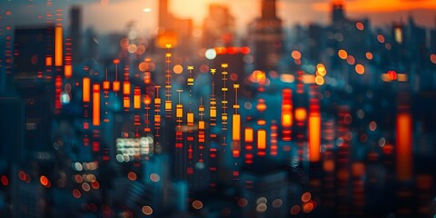Obraz premium Blurry city backdrop with abstract glowing forex candlestick chart for trade analysis. Concept Cityscape, Abstract Art, Forex Trading, Candlestick Chart, Trade Analysis