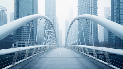 Obraz premium Empty modern bridge with white arches in an urban cityscape surrounded by tall skyscrapers on a foggy day.