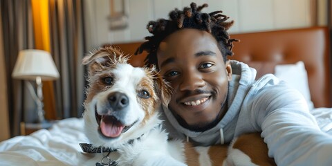 African American man and dog taking selfie in petfriendly hotel room. Concept Pet-Friendly Photoshoot, African American Model, Dog Selfie, Hotel Room Setting, Candid Moment