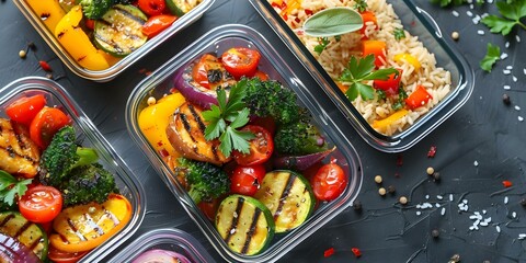 Overhead shot of meal prep containers with rice and grilled vegetables. Concept Food Photography, Meal Prep Ideas, Healthy Eating Inspiration
