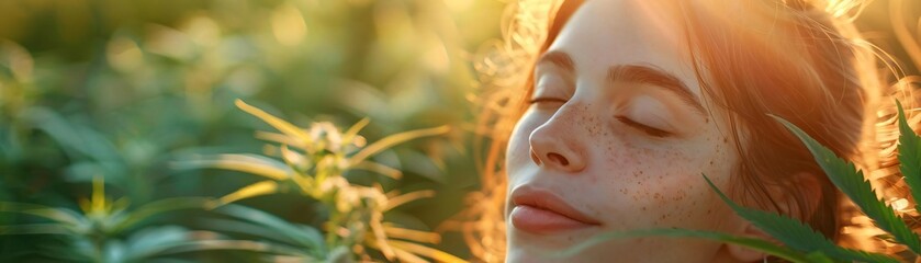 A serene woman with closed eyes enjoying the sunshine in a lush green field, surrounded by plants, depicting peace and tranquility.