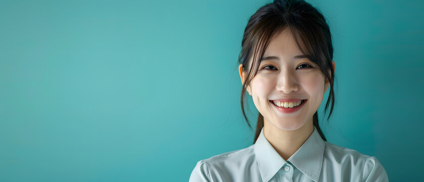Portrait of a young Japanese female teacher with cyan background and copy space for text, back to school.
