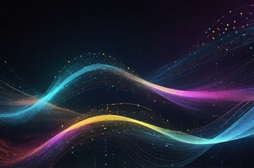 Fototapeta premium Digital abstract background features wavy lines in hues of blue purple and yellow on dark backdrop