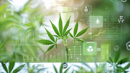 Cannabis plant with digital futuristic graphics representing technology and data integration in green industry.