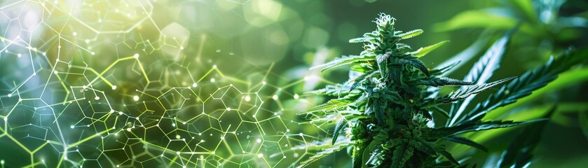 Obraz premium Natural hemp plant in green environment with scientific molecular structure background, showcasing the intersection of nature and science.