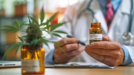 Doctor holding a prescription bottle of medical cannabis while writing notes, with a cannabis plant on the table in a medical office.