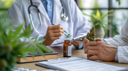Doctors discussing medical cannabis treatment. Focus on plant and medical bottle, representing alternative healthcare and treatments.