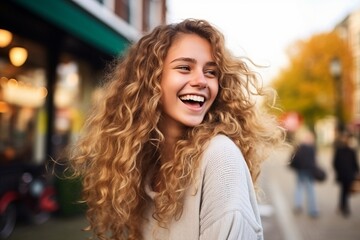 Fototapeta premium Portrait of a beautiful young woman with long curly hair in the city