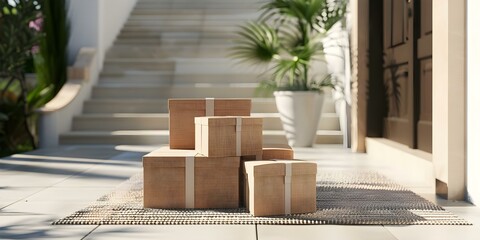 3D render of boxes on doormat by entrance for online shopping. Concept 3D Rendering, Boxes, Doormat, Online Shopping, Entrance