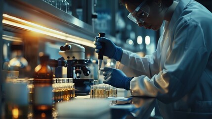 Precision in Science: Scientist Conducting Chemical Experiment with Pipette in High-Tech Lab