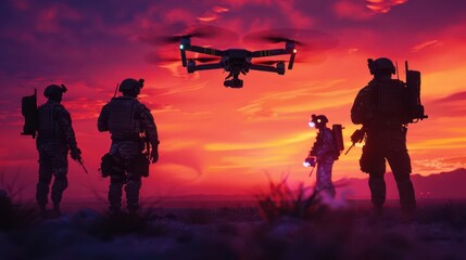 futuristic soldiers piloting advanced drones at twilight silhouetted against a vibrant orange and purple sky hightech gear glowing with neon accents