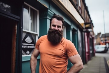 young handsome bearded hipster man with long beard and moustache in orange t-shirt standing in front of a pub