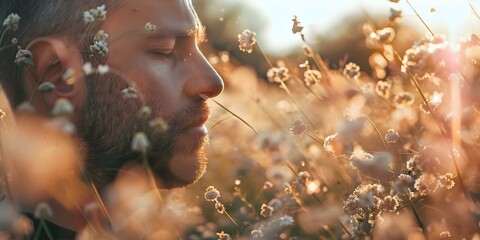 Man with allergies blowing nose in flower field symbolizing seasonal health concerns. Concept Health Concerns, Allergies, Seasonal, Outdoor Photography, Lifestyle Portrait